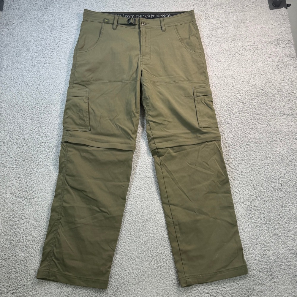 Prana Zion Convertible Cargo Hiking Pants Mens 33x30 Olive Green Stretch Zip Off